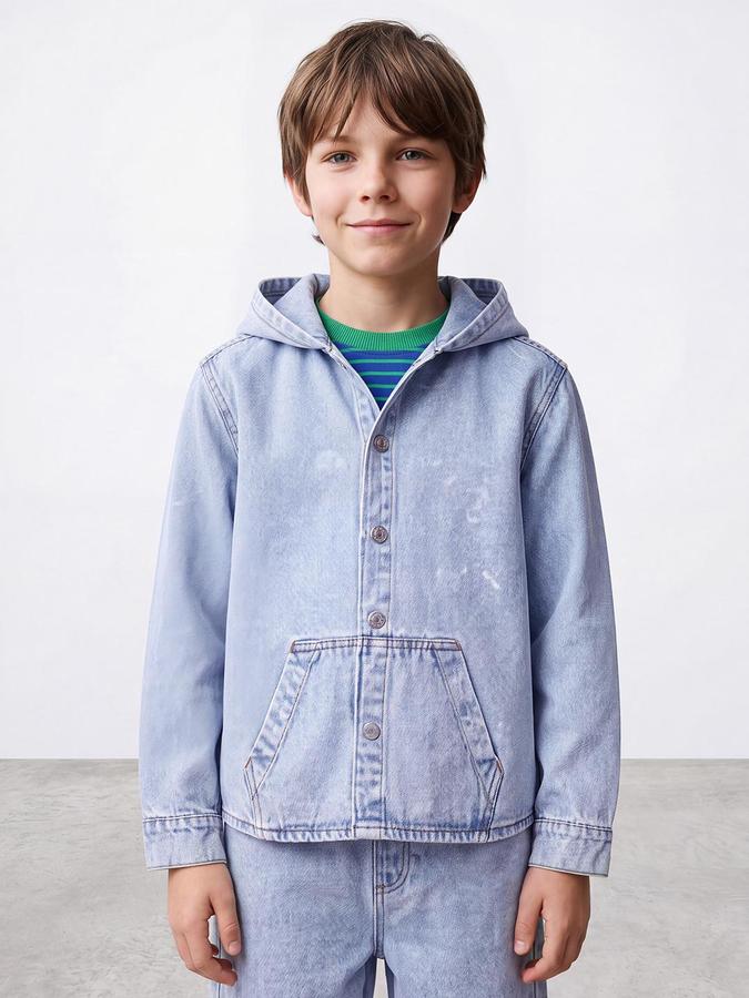 R&B Boys Light Blue Solid Hooded Long Sleeves Denim Shirt