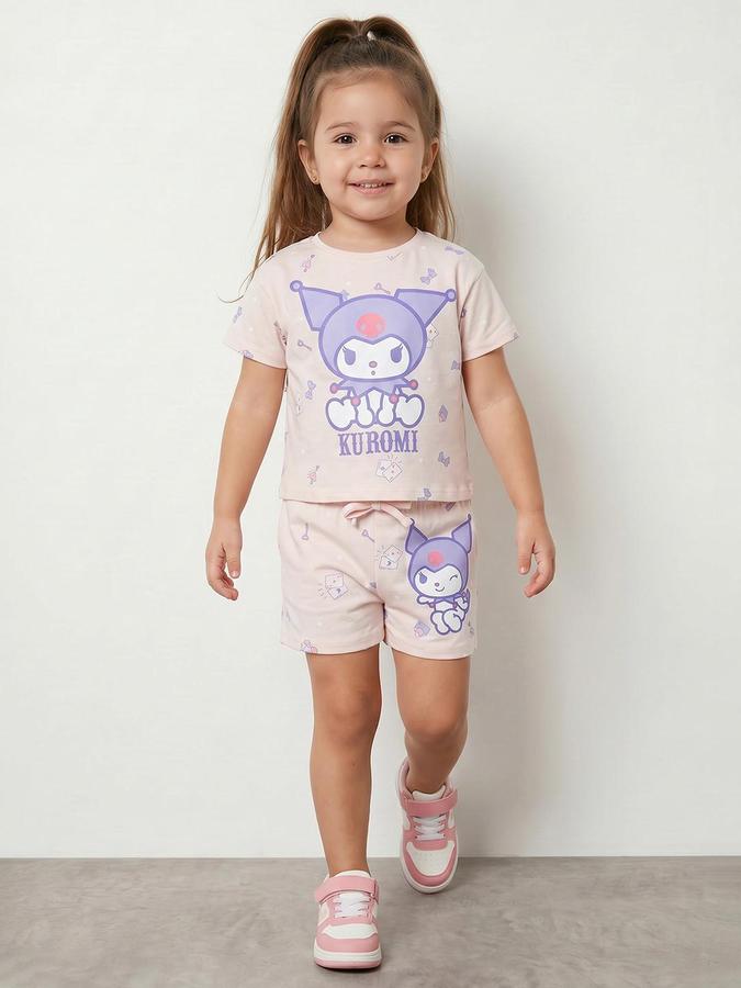 R&B Pink Girls Printed Short Sleeves Clothing Set
