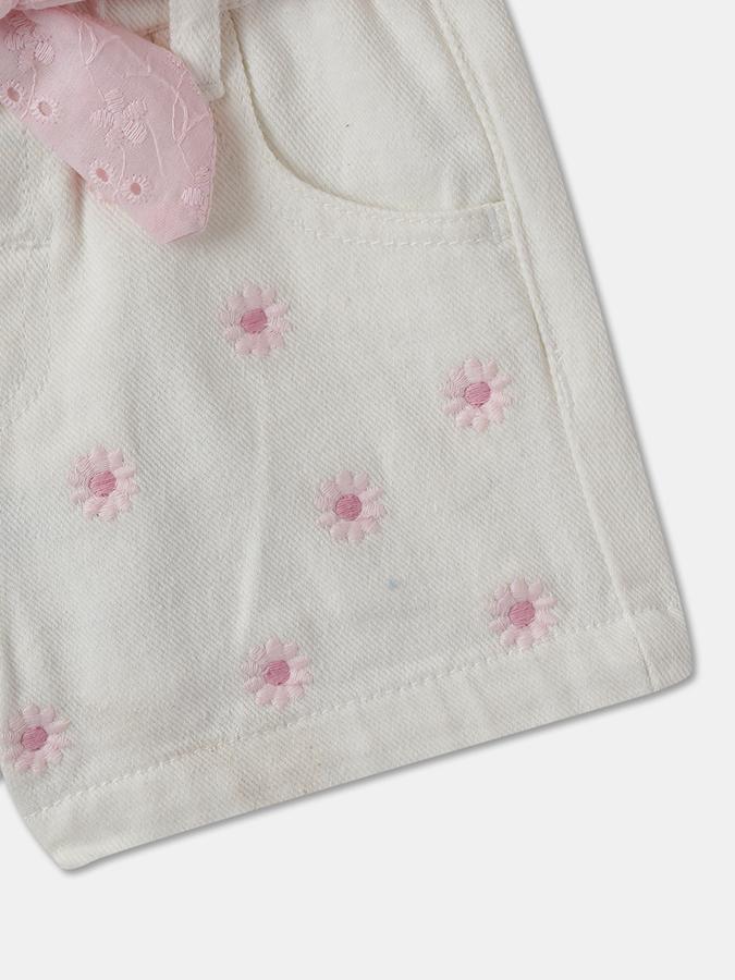 Girls Cotton Floral Embroidered Elastic Waist Clean Hem Shorts