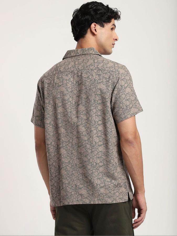 R&B Men Olive Floral Print Half Sleeves Cuban Collar Relaxed Fit Shirt