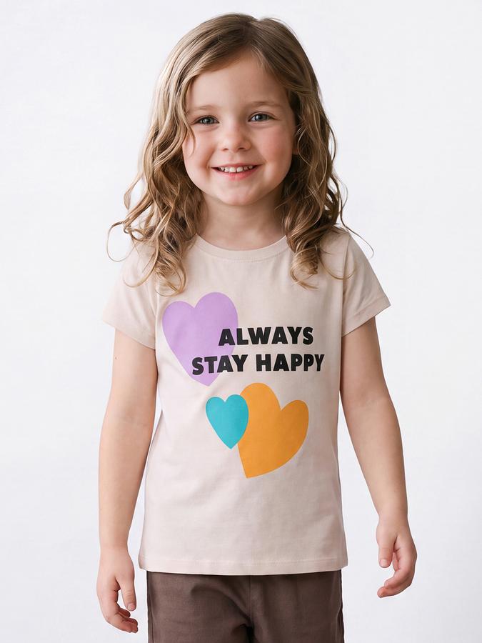 R&B Girls Cream Typography Printed Round Neck Short Sleeve T-Shirt