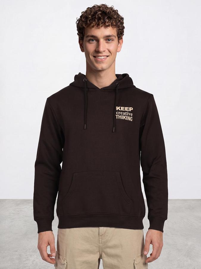 R&B Men Dark Brown Typography Print Hooded Long Sleeves Sweatshirt