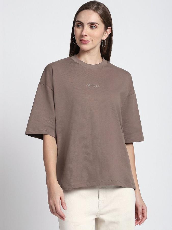 R&B Womens Brown Typography Printed  Round Neck Short Sleeves T-shirt