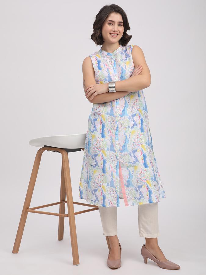 Women Muslin Regular Fit Mandarin Collar Printed Kurta