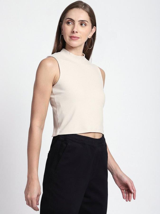 R&B Womens Cream Self Design High Neck Sleeveless Top