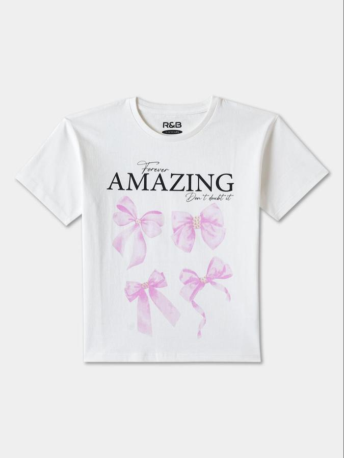 R&B White Cotton Round Neck Printed Girl T-Shirt