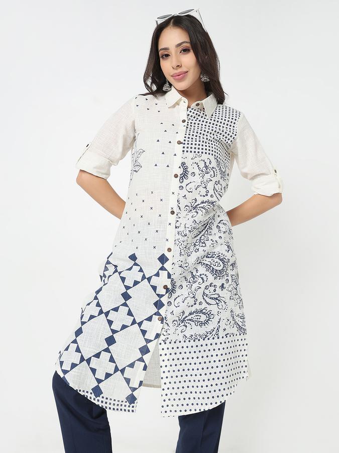 Women's regular fit casual patch work printed collared straight kurta with 3/4th sleeves 