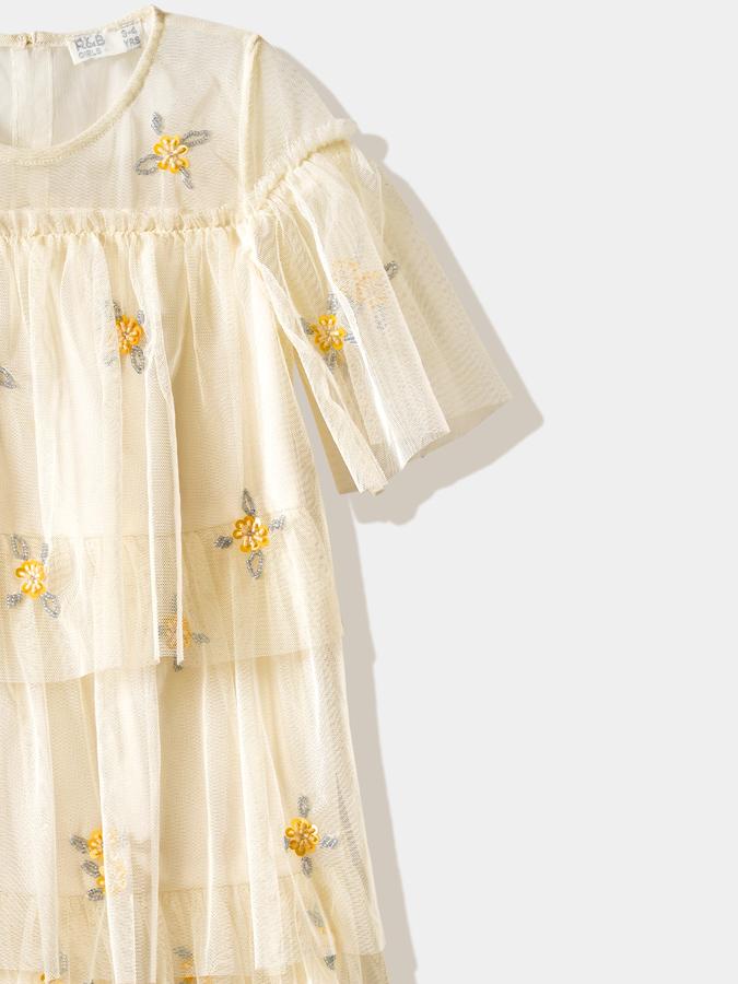 Girls Tulle A-Line Round Neck Embroidered Dress