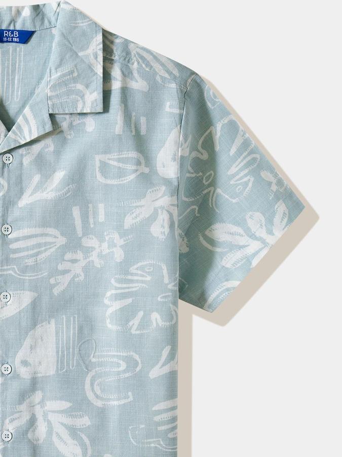 R&B Boys Blue Printed Half Sleeves Cuban Collar Shirt