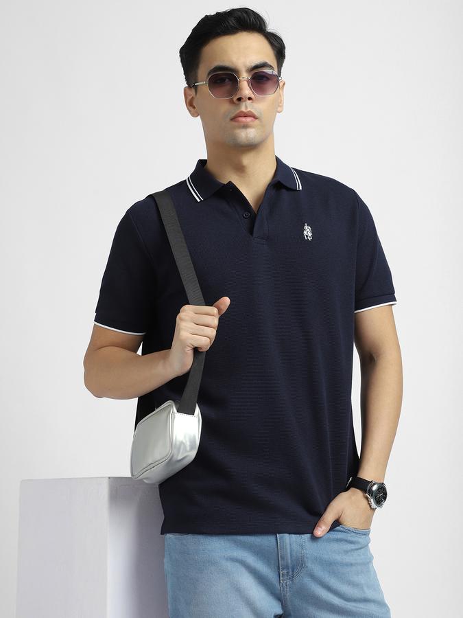 Men Cotton Blend Regular Fit Polo Neck Textured T-shirt