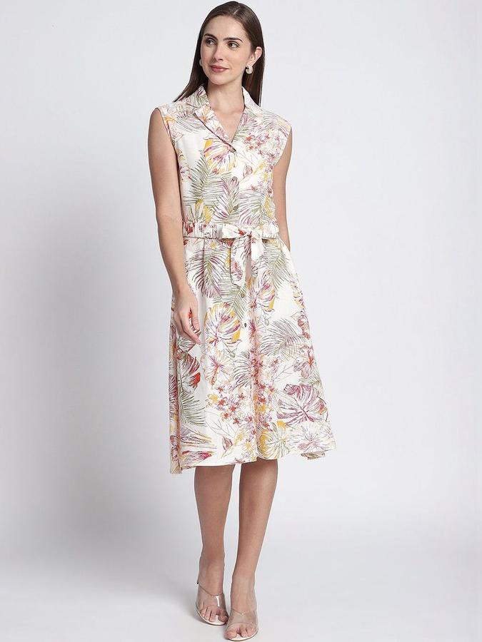 R&B Women Off White Floral Sleeveless Lapel Collar Knee Length A-Line Dress
