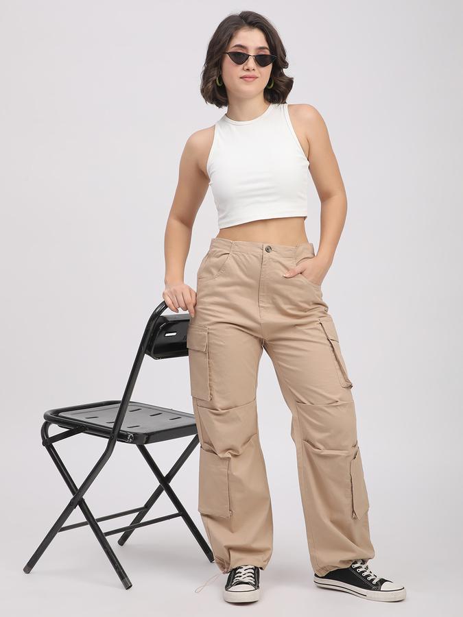 R&B Women Sand Solid Cargo Trousers
