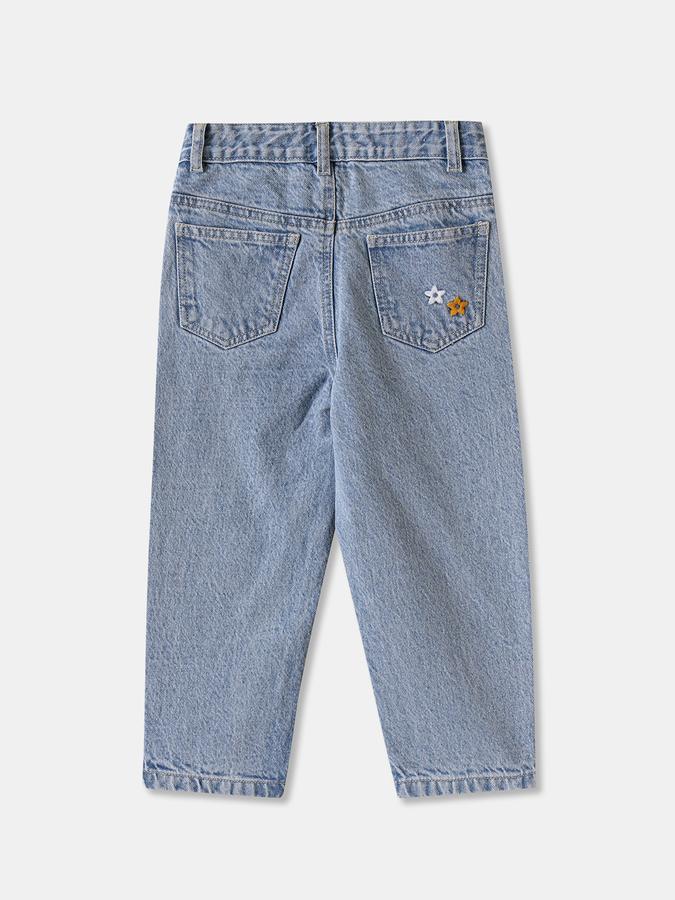 Girls Denim Regular Fit Button Waist Embroidered Jeans