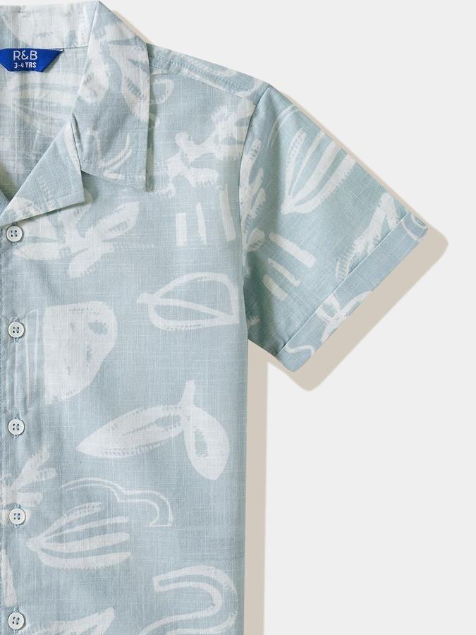 R&B Boys Blue Printed Half Sleeves Cuban Collar Shirt