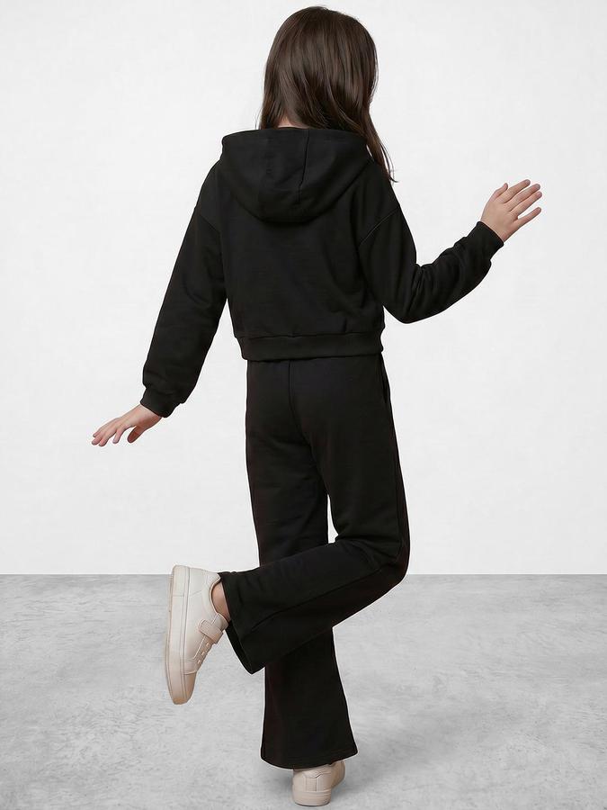 R&B Girls Black Printed Long Sleeves Hooded Neck Sweatshirt& Joggers Set 