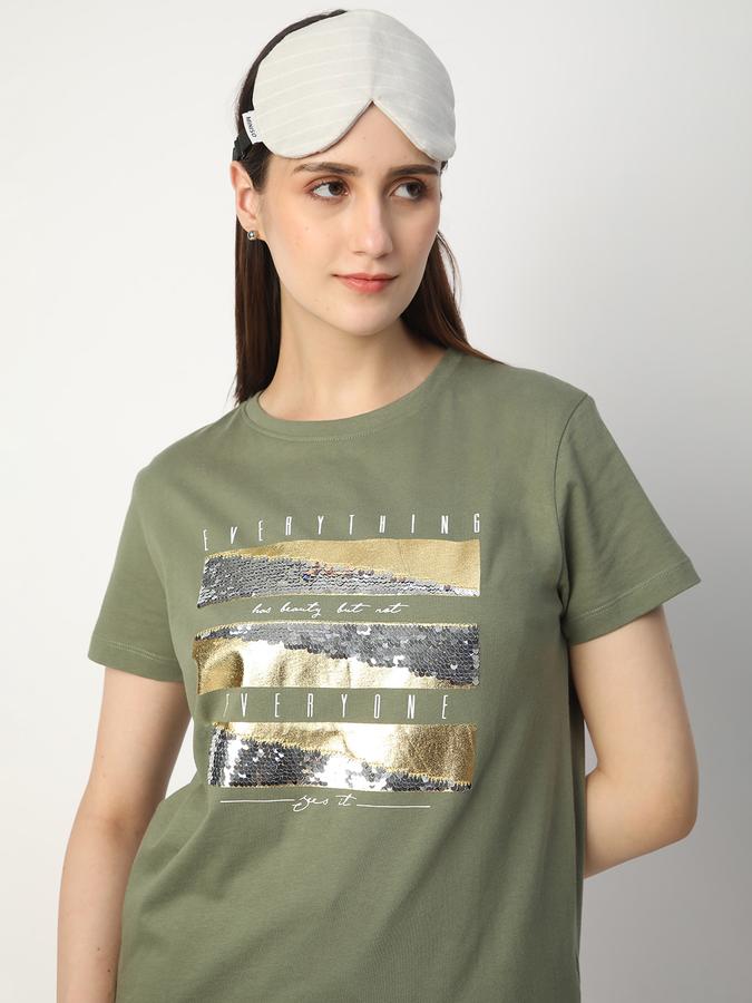 Women Cotton Regular Fit Crew Neck Embellished T-shirt