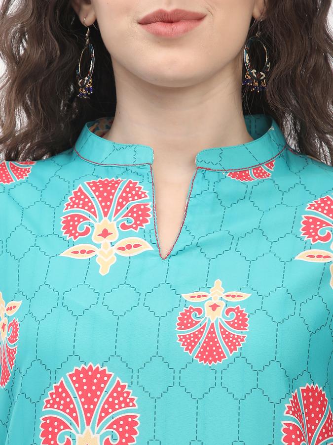 Women's regular fit casual teal floral butta printed kurta with 3/4th sleeves image number 3