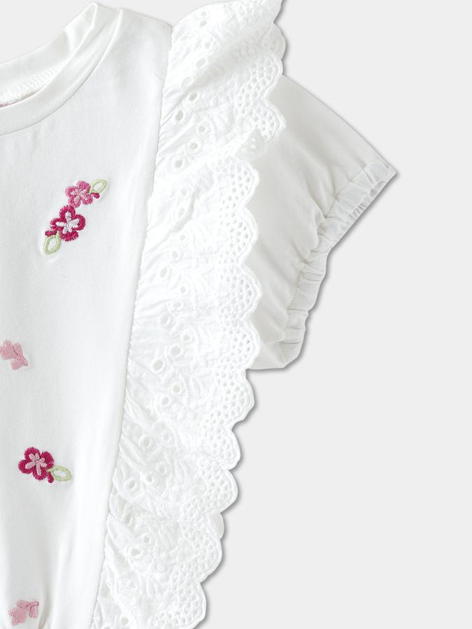 Girls Floral Embroidered Ruffled Sleeve Crew Neck Top