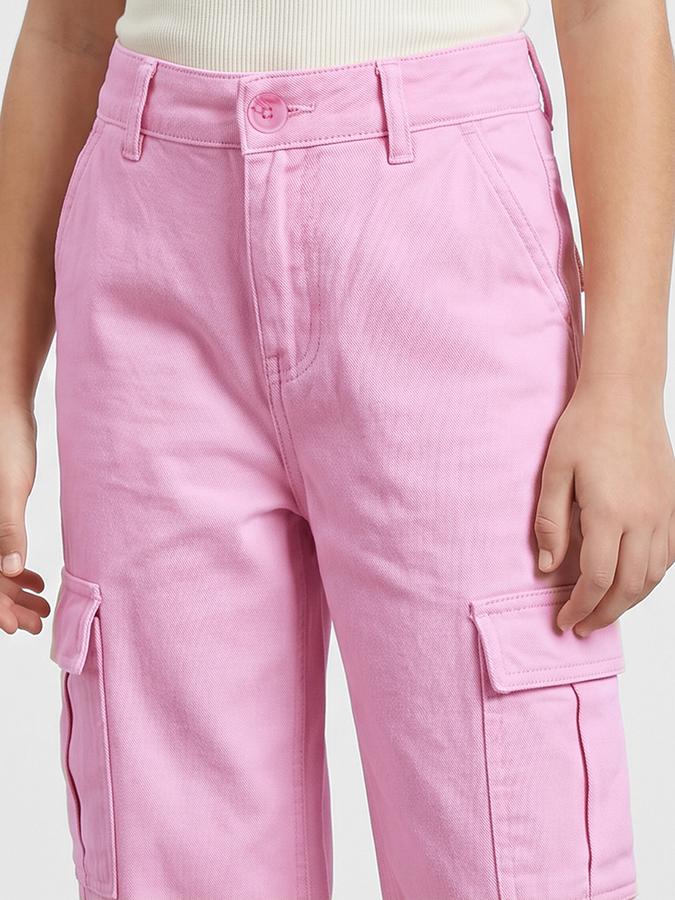 R&B Girls Pink Wide Leg Solid Mid-Rise Cotton Trouser