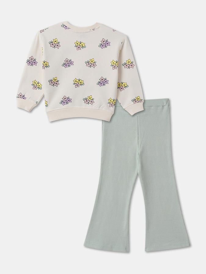 Girls Cotton Blend Floral Sweatshirt And Flared Pants Set