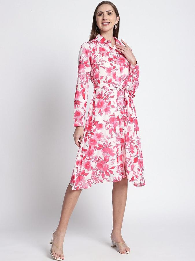 R&B Women Pink Floral Long Sleeves Shirt Collar Knee Length A-Line Dress