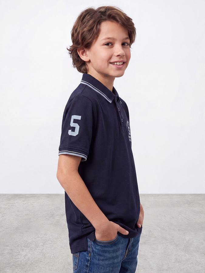 R&B Boys Navy Blue Collegiate Badge Printed Polo Collar Short Sleeves Pure Cotton T-shirt