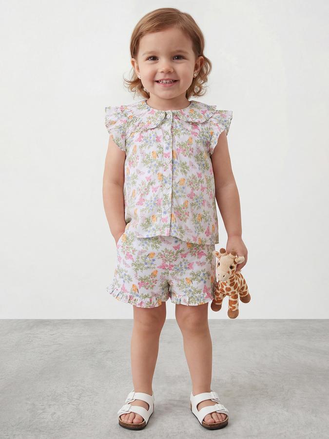 R&B Girls White Printed Pure Cotton Half Sleeve Co-ord Set