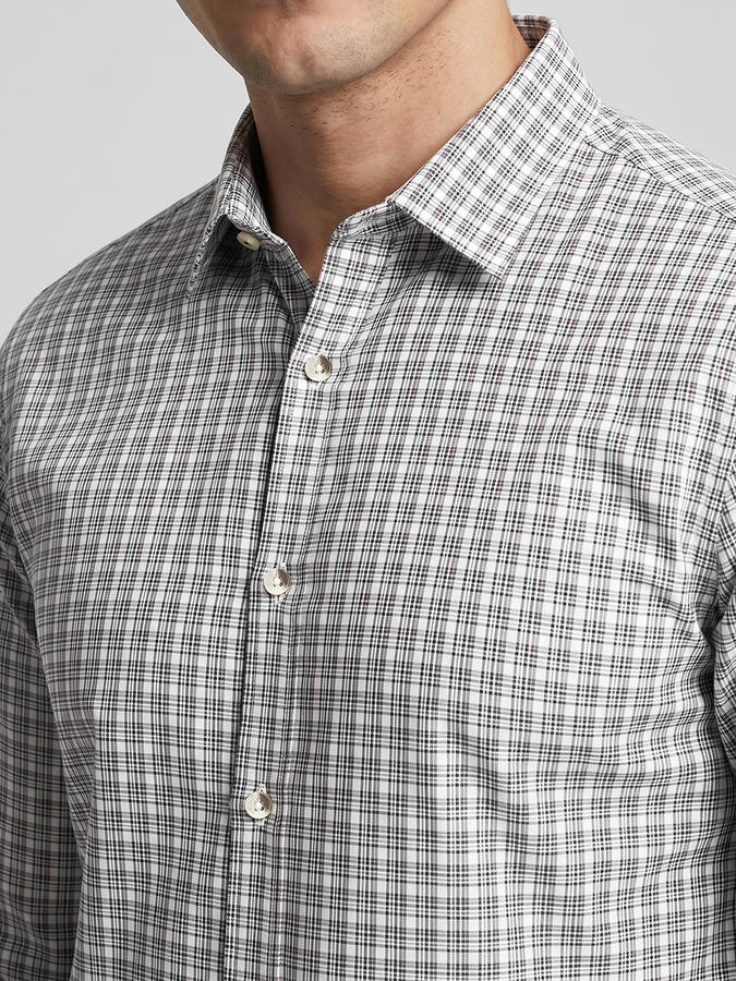 R&B Brown Checked Men Spread Collar Long Sleeves Shirt