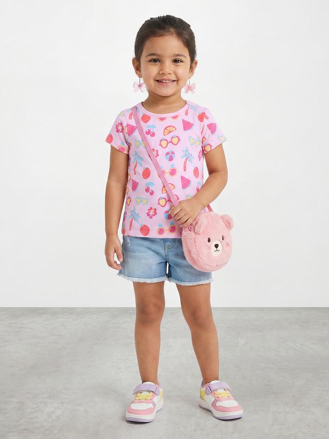 R&B Girls Pink Regular Fit Graphic Print Short Sleeve T-shirt
