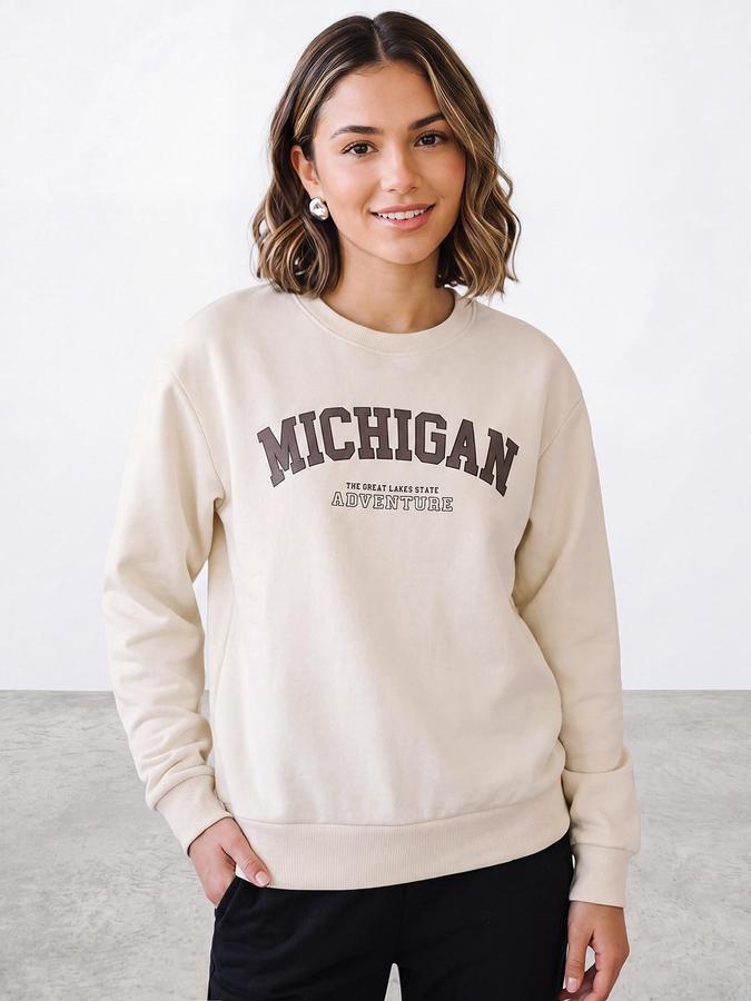 R&B Women Frappe Varsity Typography Round Neck Long Sleeves Relaxed Fit Sweatshirt
