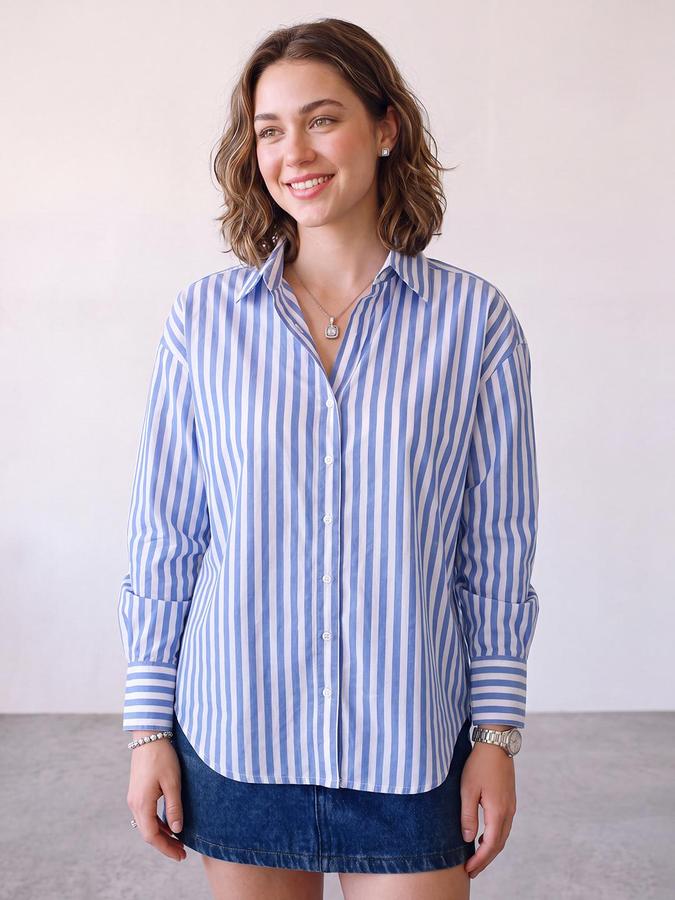 R&B Women Blue Vertical Stripes Long Sleeves Regular Fit Shirt