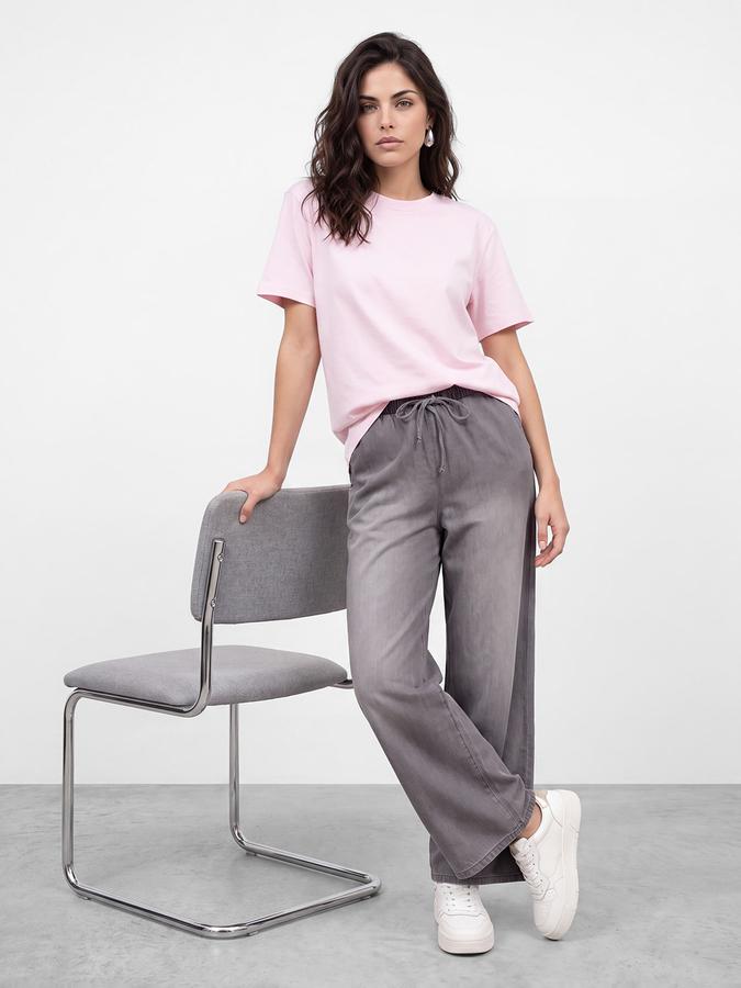 R&B Women Pure Cotton Grey Wide Leg Jeans With Drawstring Closure