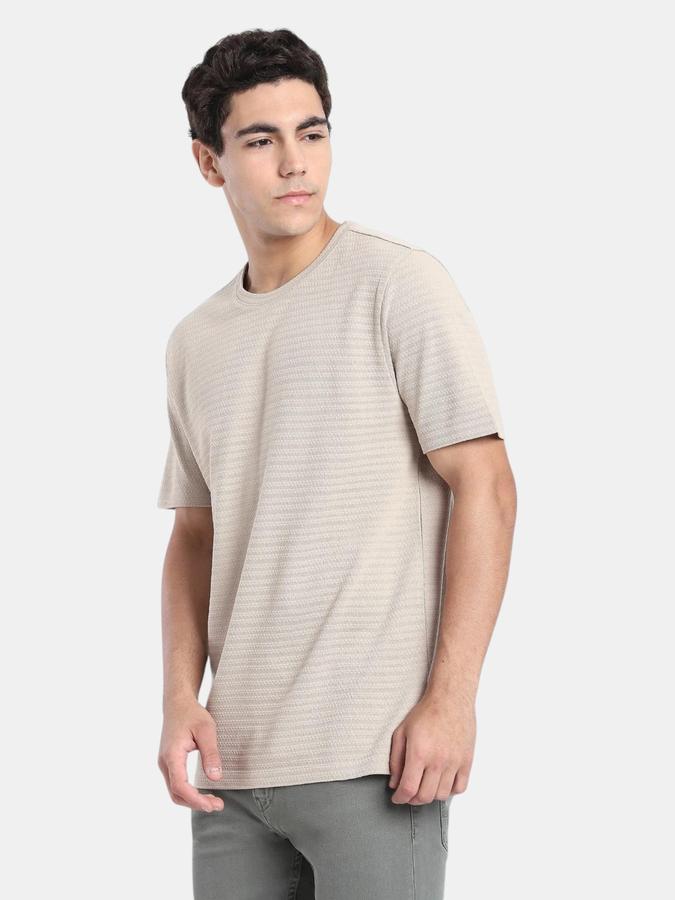 R&B Beige Self Design Men Short Sleeve T-shirt