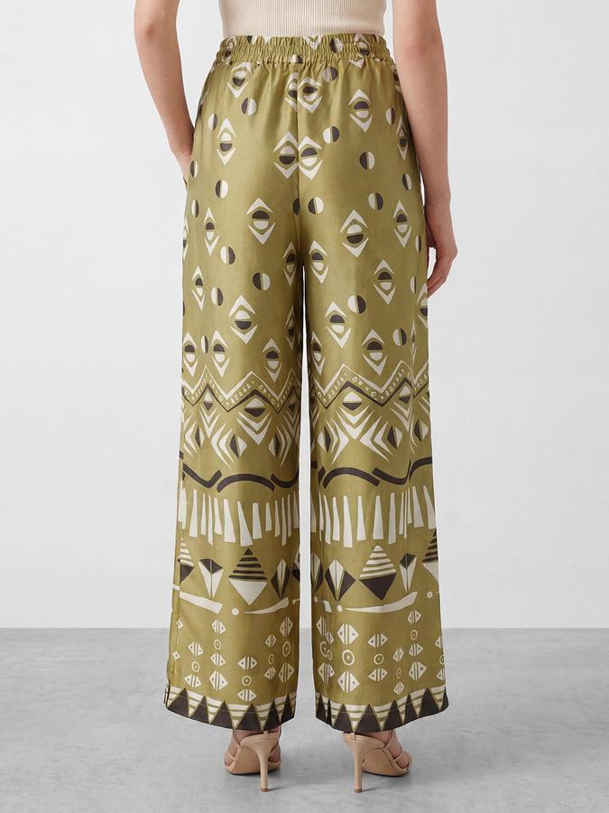 R&B Women's Moss Green Printed Wide Leg Trousers