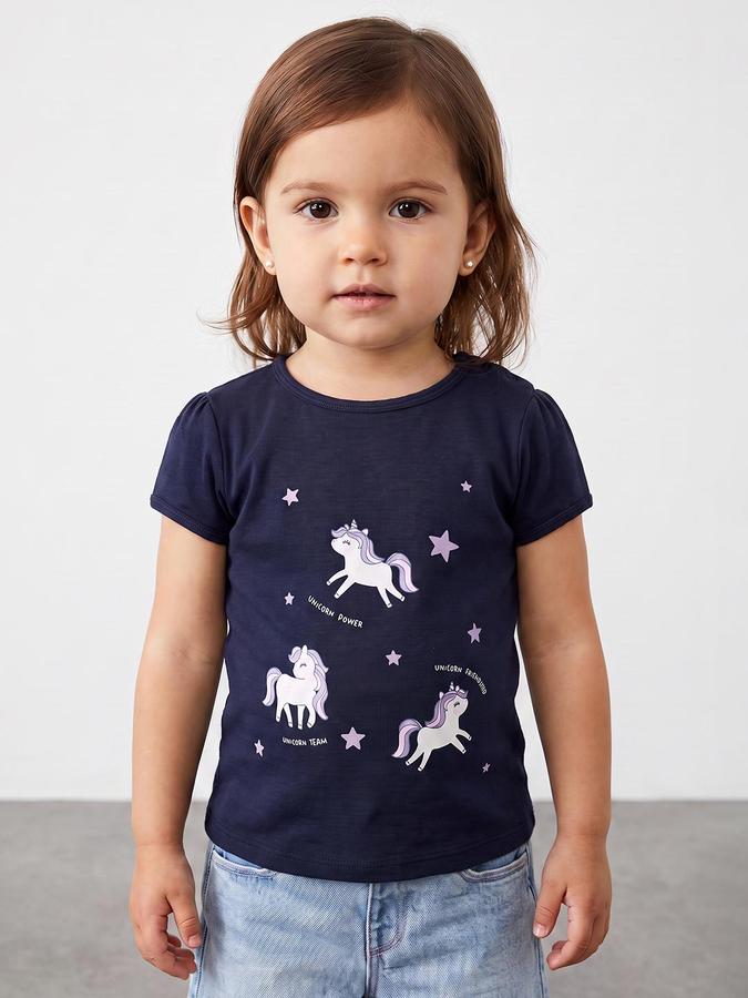 R&B Girls Navy Unicorn Print Short Sleeves Round Neck Pure Cotton T-Shirt