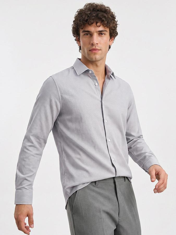 R&B Men Grey Button Down Long Sleeves Textured Shirt