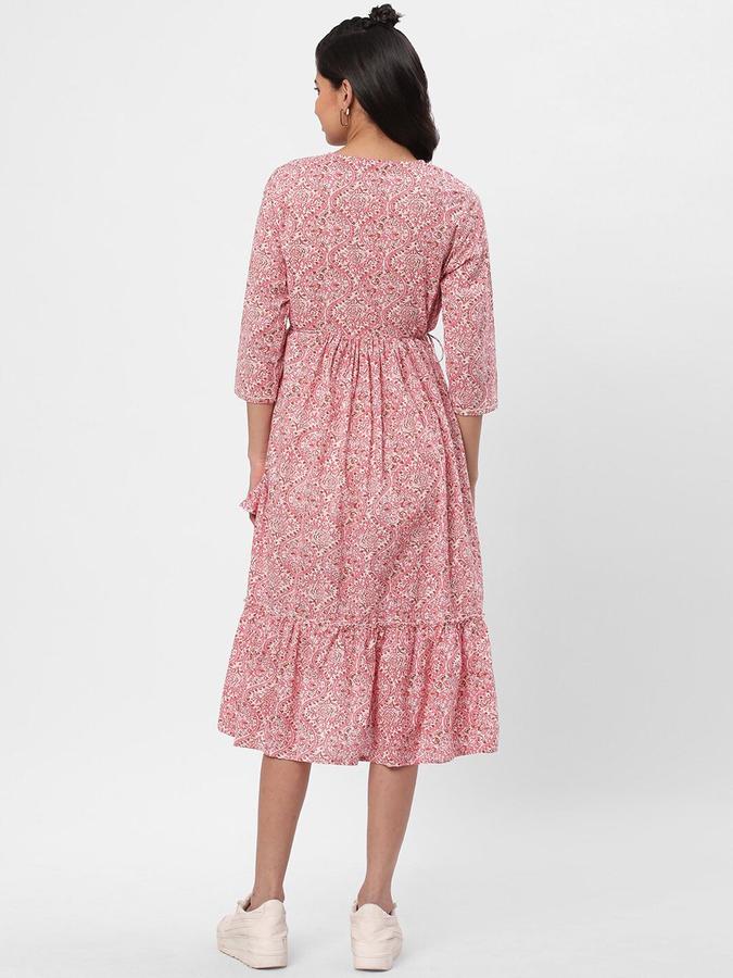 R&B Women Pink Printed Three Quarter Sleeves Fit &amp; Flared Knee Length Ethnic Dress