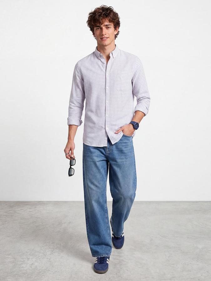 R&B Men Purple Button Down Long Sleeves Checked Shirt