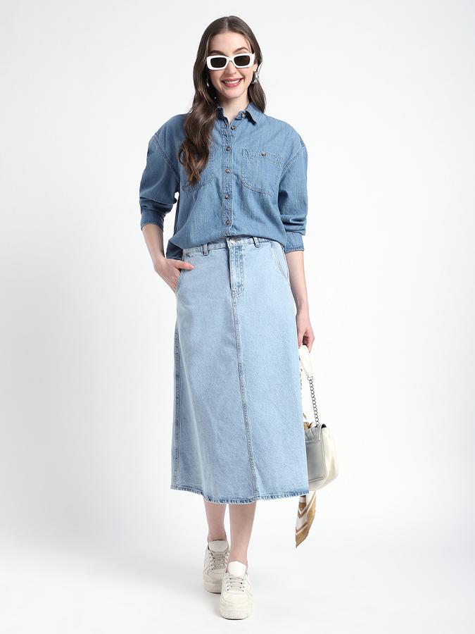 Women Denim Midi A-Line Skirt