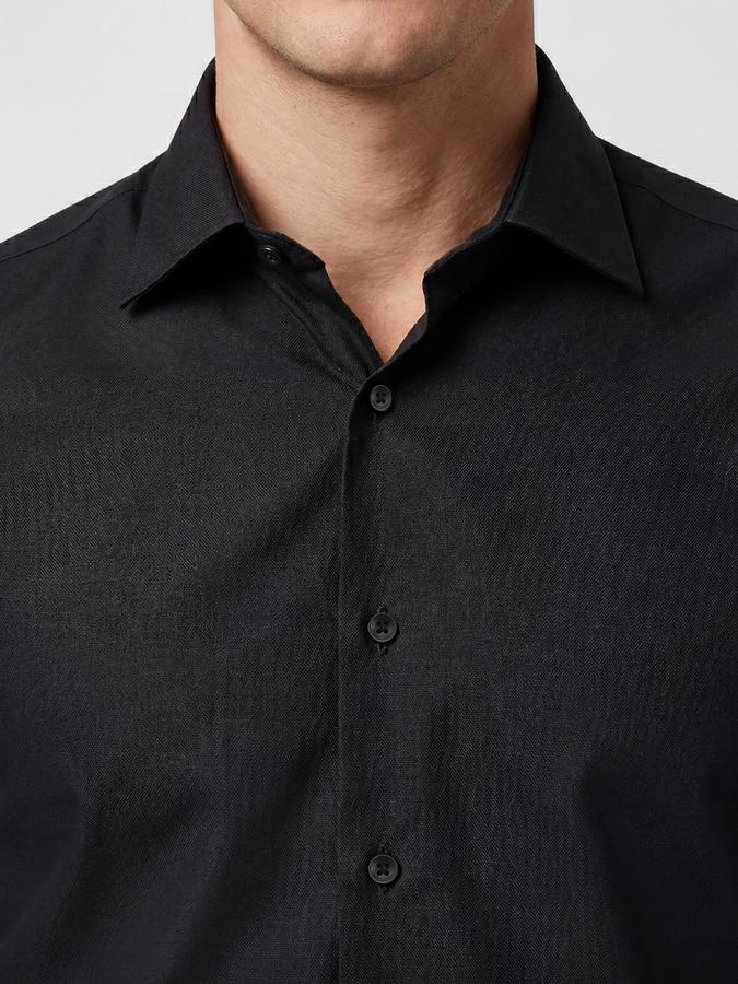 R&B Black Solid Men Spread Collar Long Sleeves Shirt