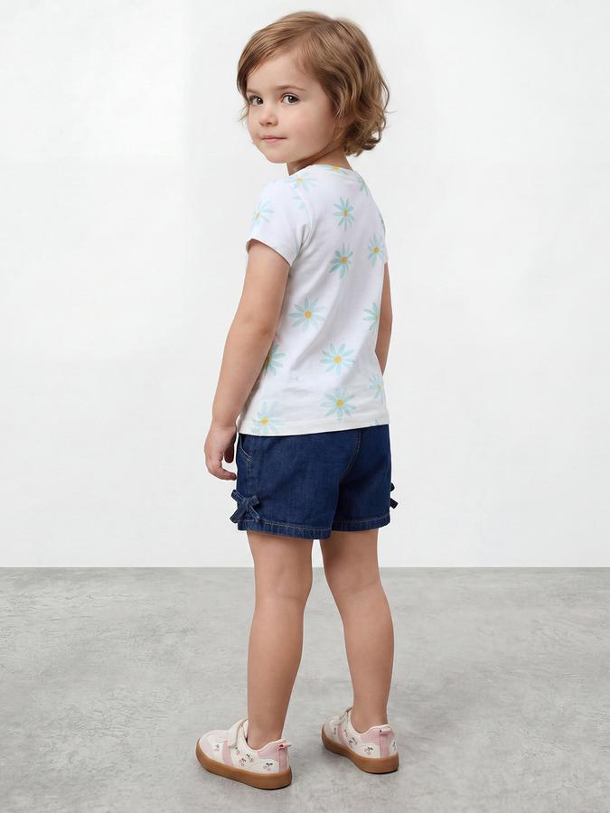 R&B Girls White Regular Fit Floral Print Short Sleeve T-shirt