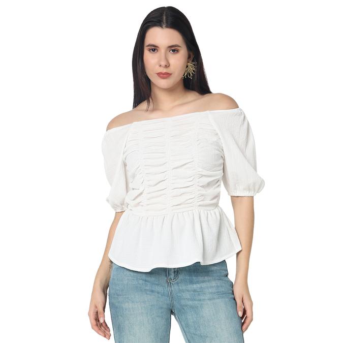 R&B Women Beige Solid Ruched Off-Shoulder Peplum Top
