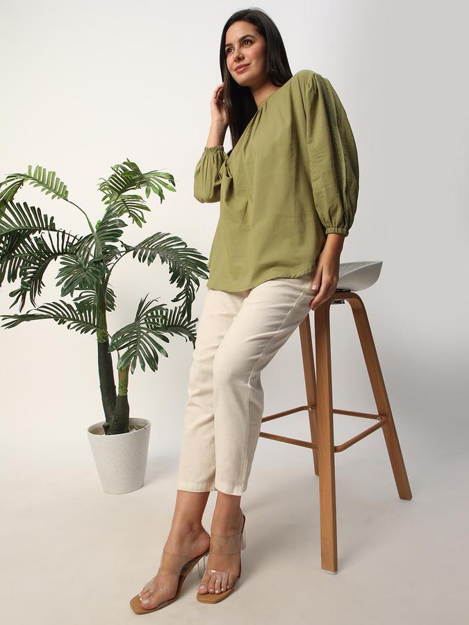 Women Cotton Relaxed Fit Round Neck Solid Ethnic Top