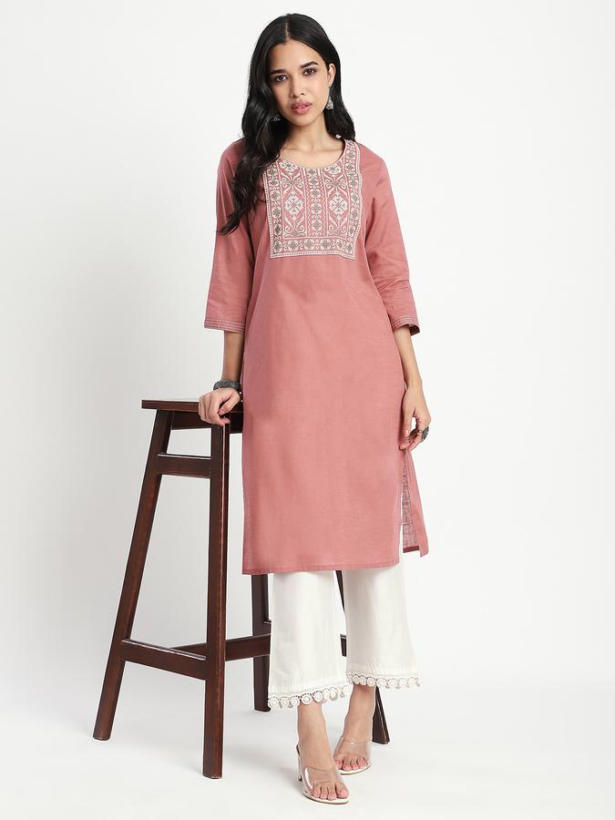 Women Cotton Straight Fit Round Neck Embroidered Kurta