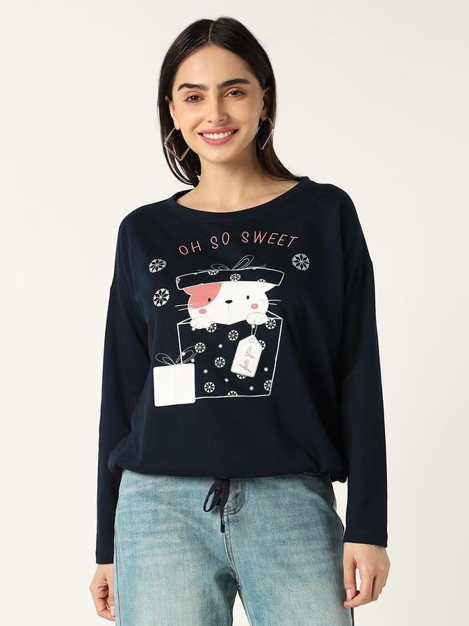 R&B Women Navy Blue Character Graphic Long-Sleeve Top