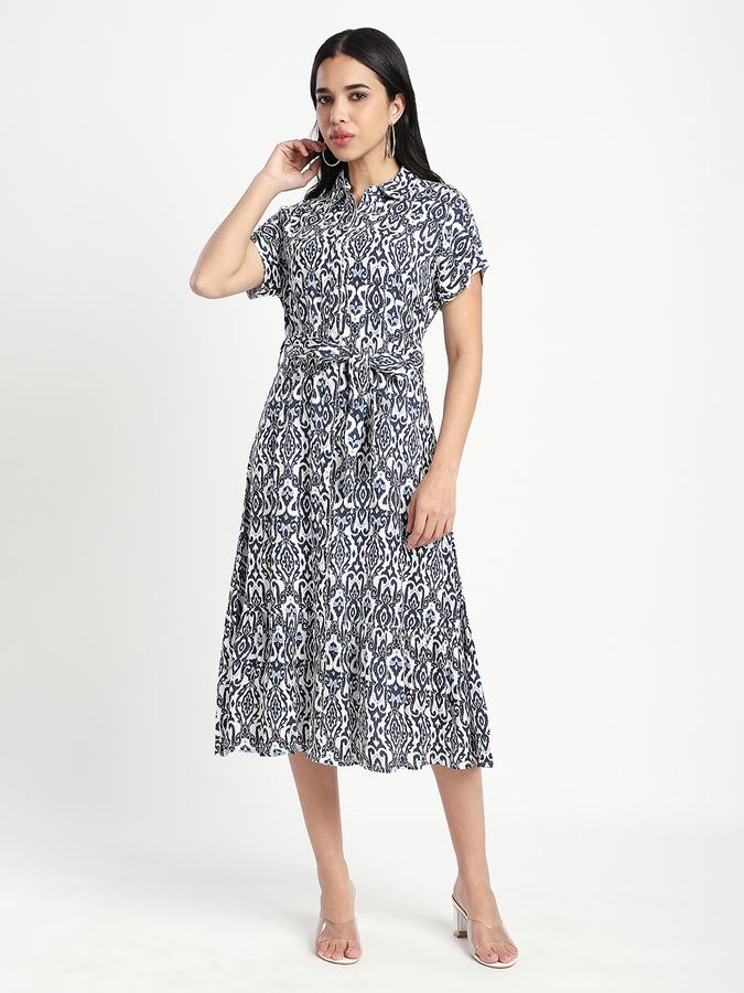 R&B Women Black Ikat Print Short-Sleeve Shirt Dress