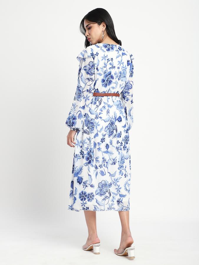R&B Women Blue Floral Print Ruffle Midi Dress