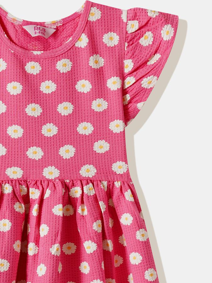 Girls Cotton Regular Fit Round Neck Ruffled Dress