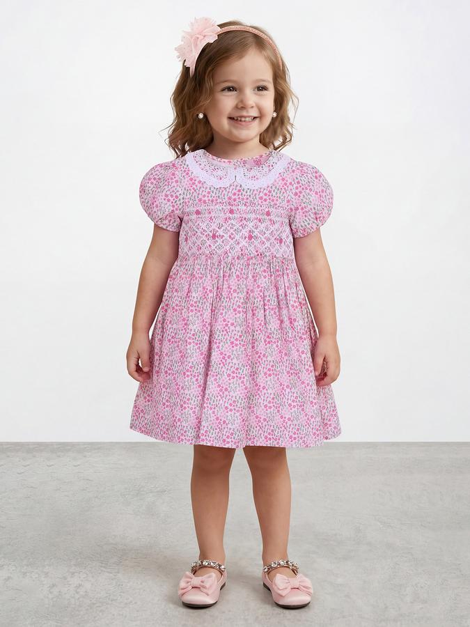 R&B Girl Pink Floral Print Pure Cotton Puff Sleeves Fit and Flare Dress