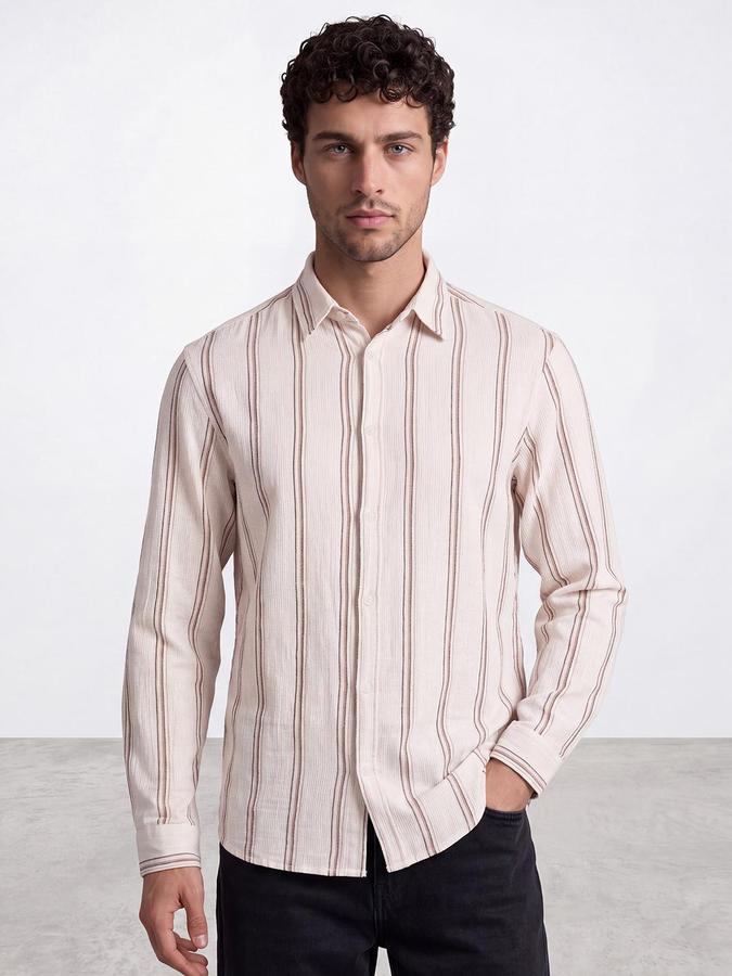 R&B Men Cream Vertical Stripes Long Sleeves Regular Fit Shirt